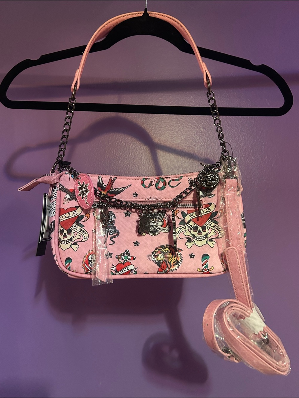 Pink Tattoo-Print Shoulder Bag Ed Hardy NEW